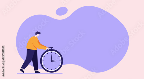 Man pushing a large clock, symbolizing time management, deadlines, and efficiency. Ideal for business, productivity, and planning concepts.