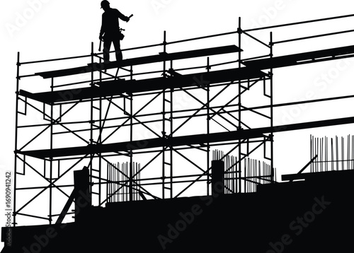 Silhouette illustration of construction worker on scaffolding at building site, showcasing construction safety, industrial framework, steel reinforcement, and urban development engineering concept.
