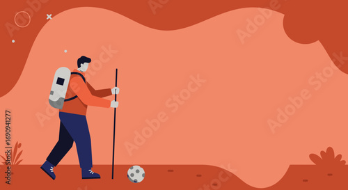 Man with backpack and walking stick enjoys a trek through an abstract outdoor landscape. Represents adventure, travel, and active lifestyle.