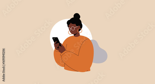 Stylish woman using a smartphone for communication, social media, or online tasks. Represents connectivity, technology, and modern digital lifestyle.