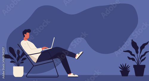 A man casually works on his laptop in a relaxed home or remote office setting, surrounded by plants. Ideal for concepts of productivity, digital nomadism, online learning, or modern lifestyle.