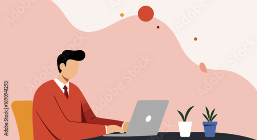 Professional man focused on his laptop, working remotely or studying online. Illustrates productivity, business, and modern digital lifestyle.