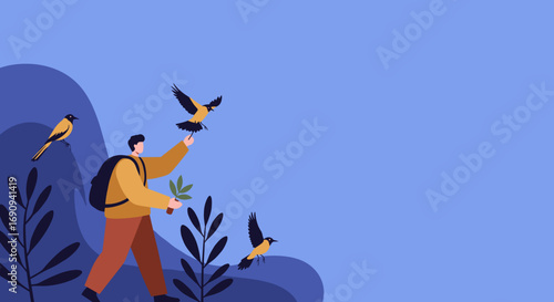 A person hiking with a backpack, holding a plant, surrounded by flying birds and stylized nature, symbolizing environmental care, travel, and sustainable exploration.