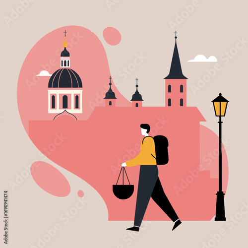 A male traveler explores a historic European city street, carrying a backpack and shopping bag. Perfect for travel, lifestyle, and urban tourism concepts.