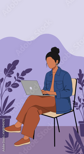 Professional woman focusing on her laptop in a modern, minimalist purple-hued space with potted plants, representing remote work, online education, or flexible digital lifestyle.