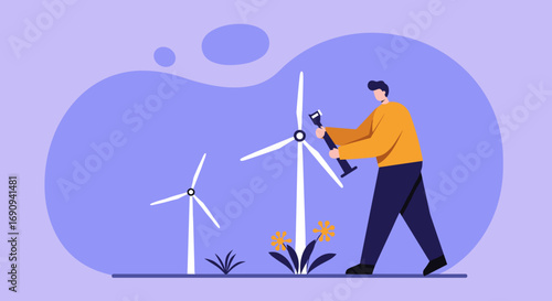 Man with a tool inspects or maintains wind turbines, symbolizing renewable energy and a sustainable future for business and environmental initiatives.