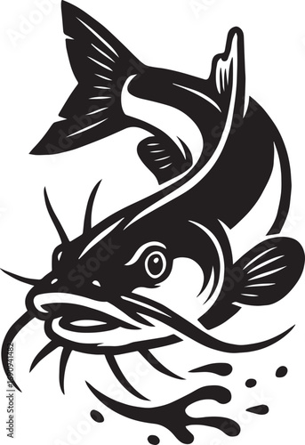 Black and white illustration of a catfish leaping from water with whiskers jumping