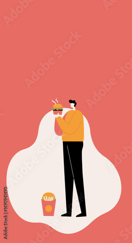 A man holds a steaming burger with fries nearby, representing fast food, quick meals, and casual dining. Perfect for lifestyle, food, and delivery concepts.