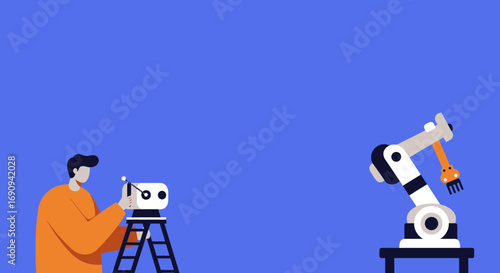Man repairing a smoking device on a ladder, with a robotic arm nearby. Illustrates human interaction with technology, innovation, and the challenges of modern automation.