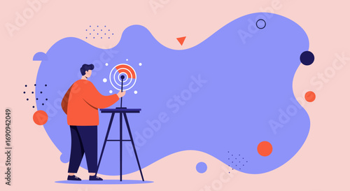Man interacts with a target-like device on a tripod, symbolizing goal setting, progress tracking, or strategic focus. Ideal for business, technology, or data concepts.