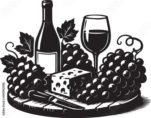 Black and white illustration of wine bottle, glass, cheese, grapes and knife on a wooden board vector