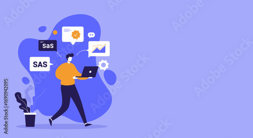 Man actively engages with a laptop, surrounded by icons symbolizing data analysis, software development, communication, and process optimization. Ideal for business tech.