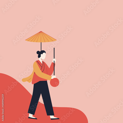 Person in traditional attire walking with a parasol and stick, reflecting Asian culture, travel, and tranquility. Ideal for cultural events or lifestyle themes.