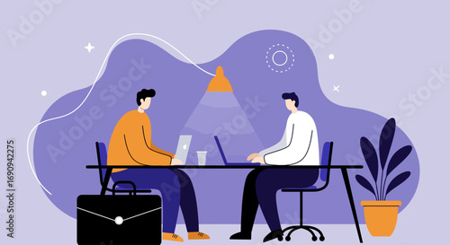 Two professional men collaborating on laptops at a modern office desk. Illustrates teamwork, productivity, business strategy, or co-working environment.