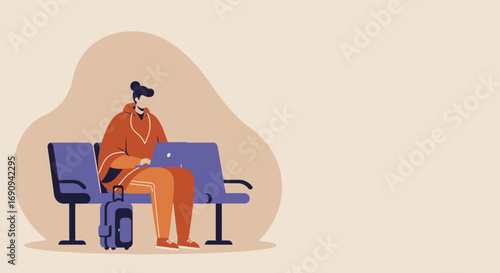 Productive individual works on a laptop in a transit waiting area with luggage, illustrating remote work, travel, and modern connectivity.