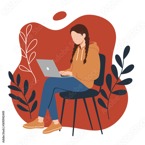 Casual young woman focused on her laptop, embodying remote work, online learning, and digital lifestyle concepts.