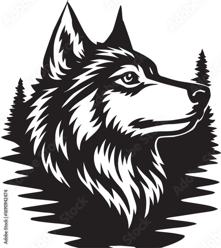 Black and White Stylized Illustration of a Wolf's Head in a Forest Silhouette Keywords: wolf, wolf head, animal, wildlife, forest, trees, pine trees, silhouette, black and white, illustration