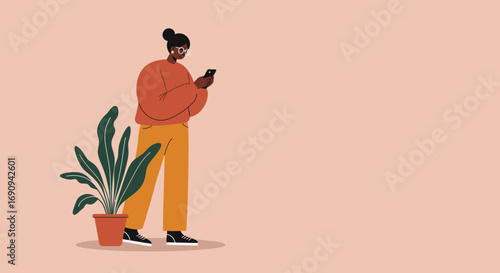 Modern illustration of a young Black woman in glasses using her smartphone, standing beside a potted plant. Represents technology, communication, and digital lifestyle.