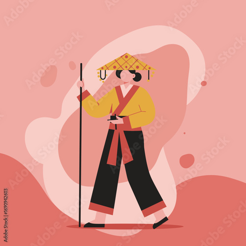 Stylized illustration of a person in traditional East Asian clothing, wearing a conical hat and holding a staff, symbolizing travel or cultural journey.