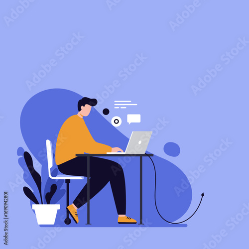 Young professional working diligently on a laptop at a modern desk, illustrating remote work, digital communication, and business success.