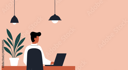 Illustration of a person working remotely on a laptop at a desk with a plant. Represents home office, productivity, and modern work life.