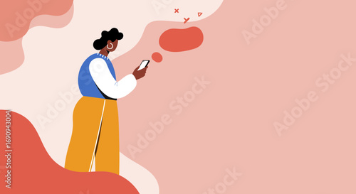 Stylish person using a smartphone for digital communication on a vibrant, abstract background. Ideal for technology, social media, and modern lifestyle concepts.
