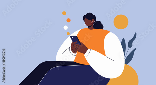 Modern woman relaxing and browsing her smartphone. Represents digital communication, social media, and online connectivity in a casual setting.