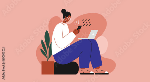 Focused woman uses smartphone and laptop, representing remote work, online communication, digital lifestyle, and multitasking from home.