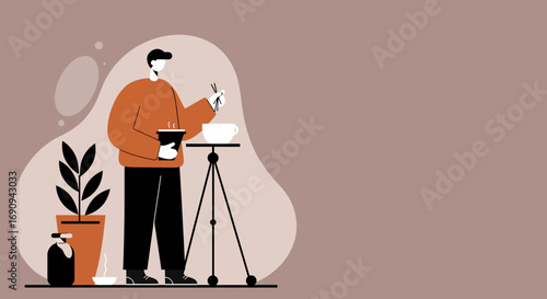 Modern illustration of a person enjoying a hot coffee and a meal with chopsticks, symbolizing a casual break, work-from-home lifestyle, or creative content creation.