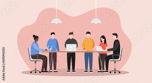 Diverse business team collaborating in a modern office meeting, discussing projects with laptops. Represents teamwork, productivity, and professional communication.