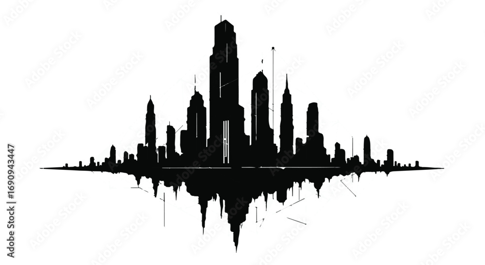 Obraz premium Dramatic black and white cityscape silhouette with symmetrical reflection