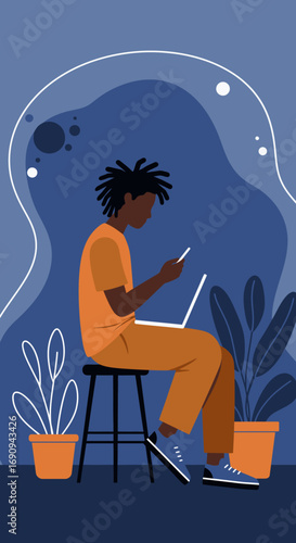 Young man focused on laptop and smartphone, working remotely or studying online. Modern digital lifestyle and productivity concept with plants.