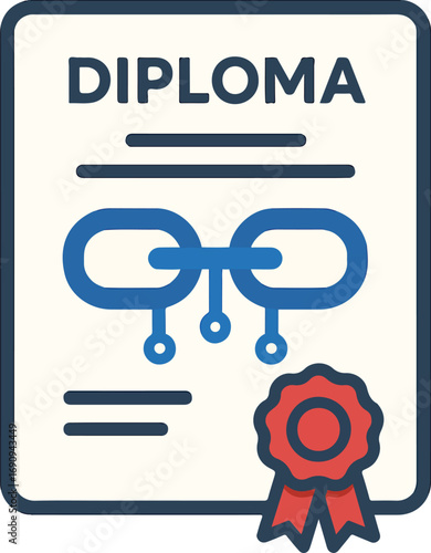 Digital diploma with blockchain chain icon illustration