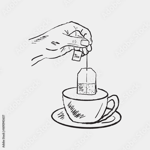 Hand-drawn sketch of a hand holding a tea bag over a cup, preparing a hot beverage. Vintage vector sketch illustration in crayon trendy style. Tea ceremony, cafe design, hot drink