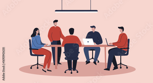 Diverse business team collaborating in a modern office meeting, discussing strategy and ideas. Perfect for concepts of teamwork, innovation, and corporate planning.