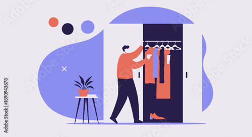 Man choosing clothes from an open wardrobe in a stylish, modern room. Illustrates daily routine, fashion, and personal style decisions. Ideal for lifestyle and retail concepts.
