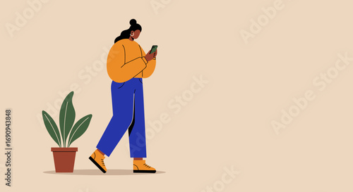 Modern illustration of a woman walking casually, focused on her smartphone. Represents digital communication, social media, online activity, and mobile connectivity.