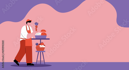 Happy vendor at a vibrant produce stand, holding a carrot surrounded by fresh fruits and vegetables. Represents healthy eating, local markets, and small businesses.