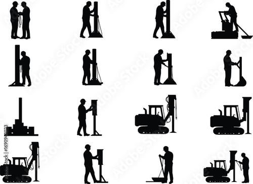 Silhouette collection of construction workers and heavy machinery operating pile drivers, foundation drilling, and site preparation equipment in industrial building and civil engineering projects