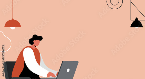 Flat design illustration of an individual working efficiently on a laptop in a modern setting. Ideal for themes like remote work, online learning, or digital business.