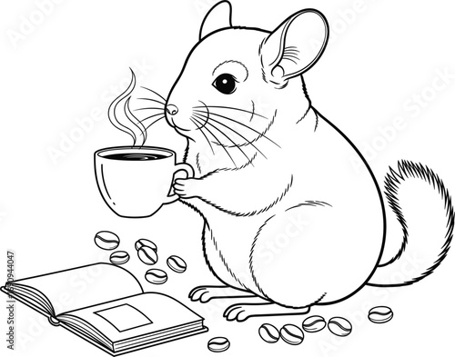Playful Chinchilla Holding Coffee Cup – Minimal Line Art Vector