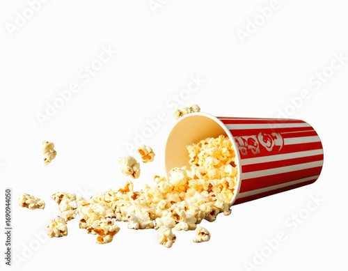 Spilled Popcorn from Cinema Snack Box, Tilted Side View, Isolated PNG