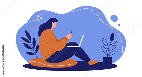 Woman comfortably working remotely from home, multitasking with a laptop and smartphone. Ideal for business, freelance, online education, or modern digital lifestyle concepts.