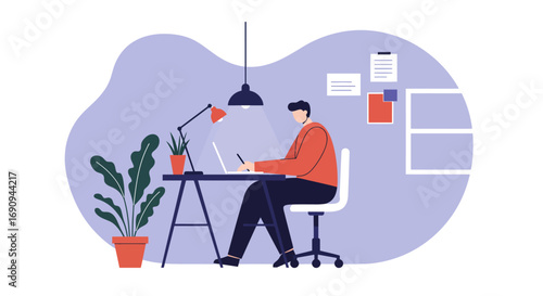 Man working diligently at a home office desk with a laptop and plants, illustrating productivity, remote work, and modern lifestyle concepts.