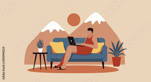 Person in casual clothes relaxing on a sofa, working remotely on a laptop in a comfortable home setting. Ideal for themes of flexible work, digital nomad lifestyle, or leisure.