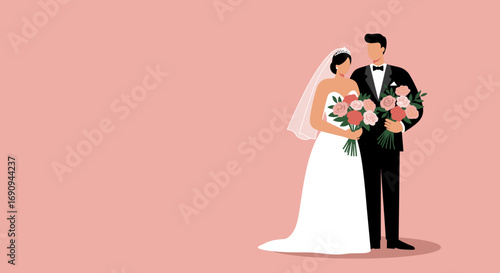 Happy bride and groom holding floral bouquets on their wedding day, symbolizing love and commitment. Ideal for celebrations, invitations, and romantic themes.
