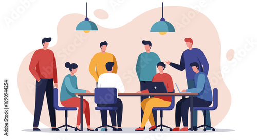 Diverse business team collaborating in an office meeting, working together on laptops. Represents teamwork, discussion, innovation, and modern corporate environment.