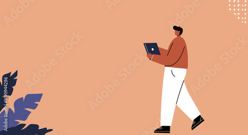 Illustration of a man actively using a laptop while walking, depicting multitasking, connectivity, and modern digital work environments.