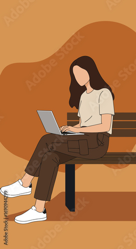 Young woman focused on remote work or online study, using a laptop while sitting casually on a bench. Represents productivity and modern flexible lifestyle.
