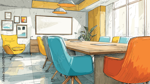 A stylish modern conference room with colorful upholstered chairs under warm sunlight creating an inviting space for corporate branding and marketing.

